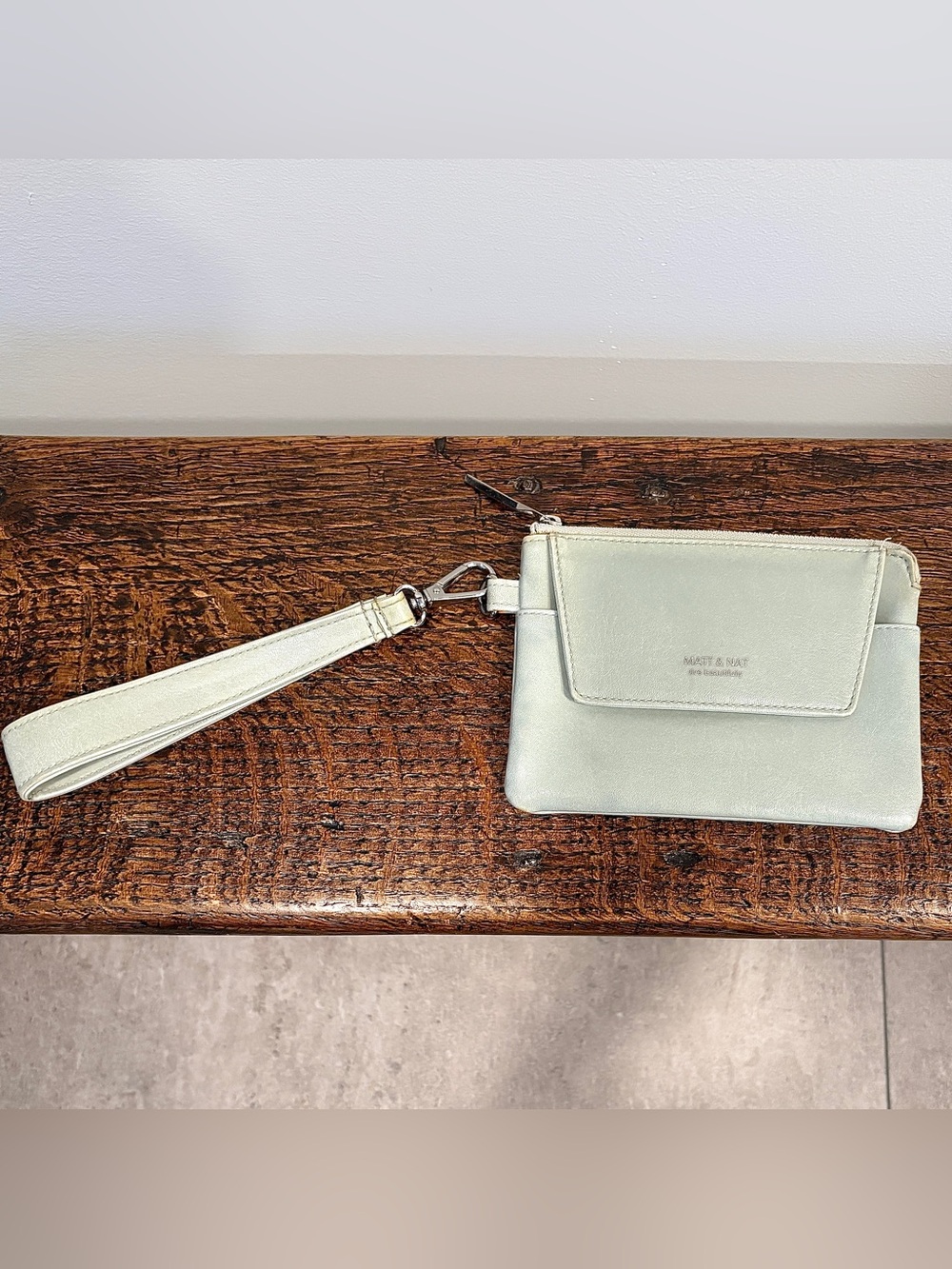 Matt & Nat Vegan Leather Wristlet Clutch Pouch Sage Green Grey Minimalist